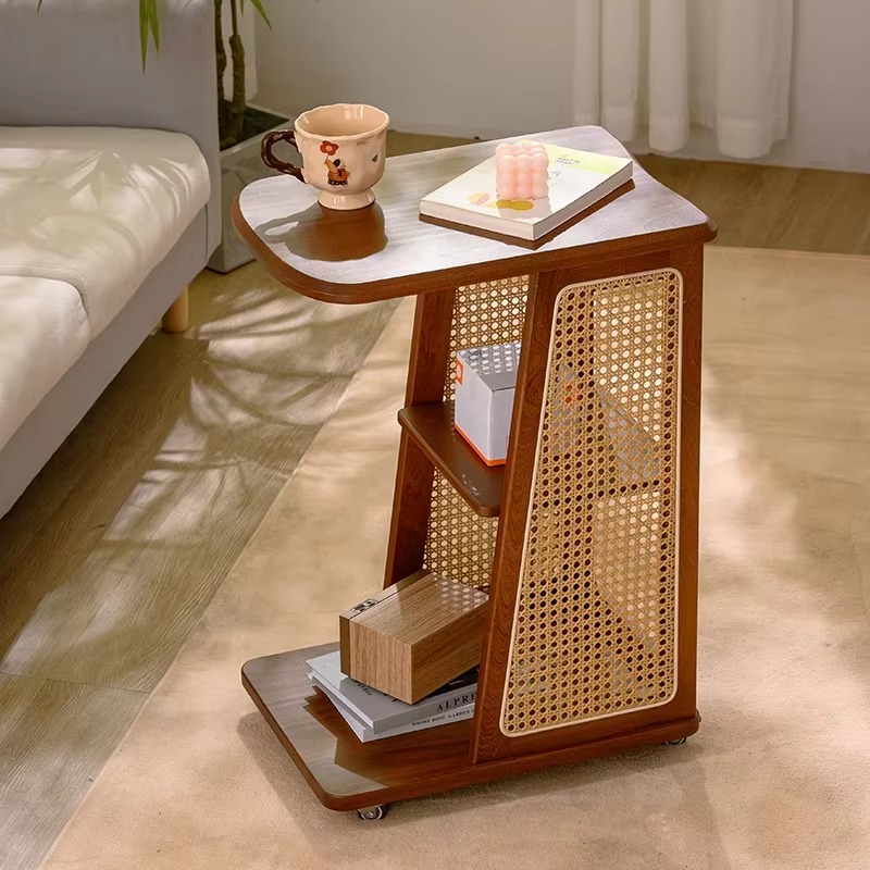 Coffee Tea Or - モダンスタイル無垢材サイドテーブル、小型コーヒー/ティーテーブル、収納ラック付き、屋内家庭用家具