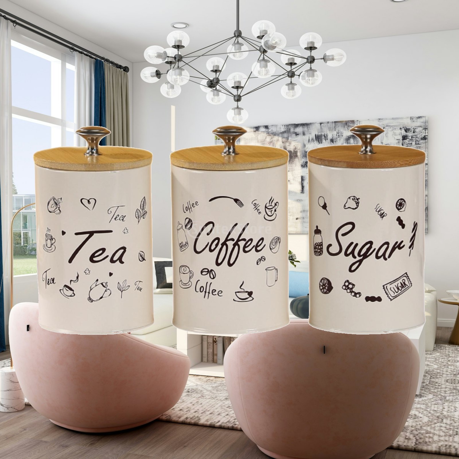 Coffee Tea Sugar Canisters - 農家風コーヒー・紅茶・砂糖キャニスターセット キッチン装飾 鉄製竹製保存容器 蓋付き おしゃれな家庭用