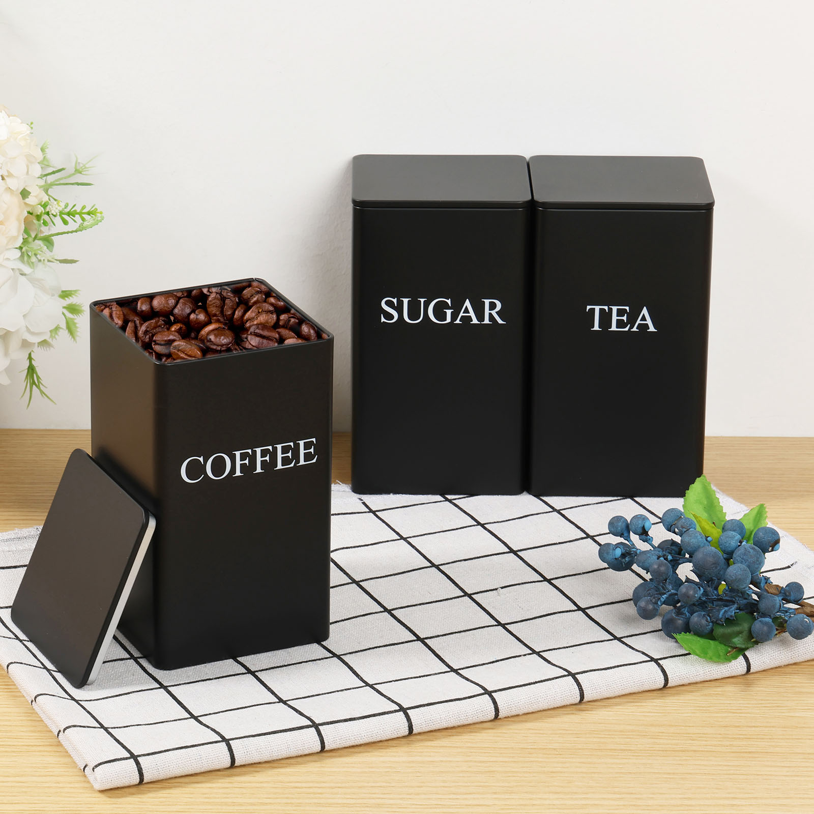 Coffee Tea Sugar Canisters - 3 個コーヒー豆保存キャニスター茶砂糖真空密封瓶鉄キャニスター熱キッチンクリーム缶気密蓋 1L