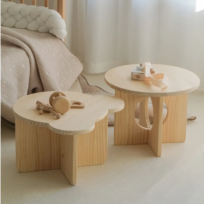 Tea Coffee Set Up - 子供のための手作りの小さな丸いテーブル、無垢材、韓国のお茶のテーブルセット、学習デスク、幼稚園