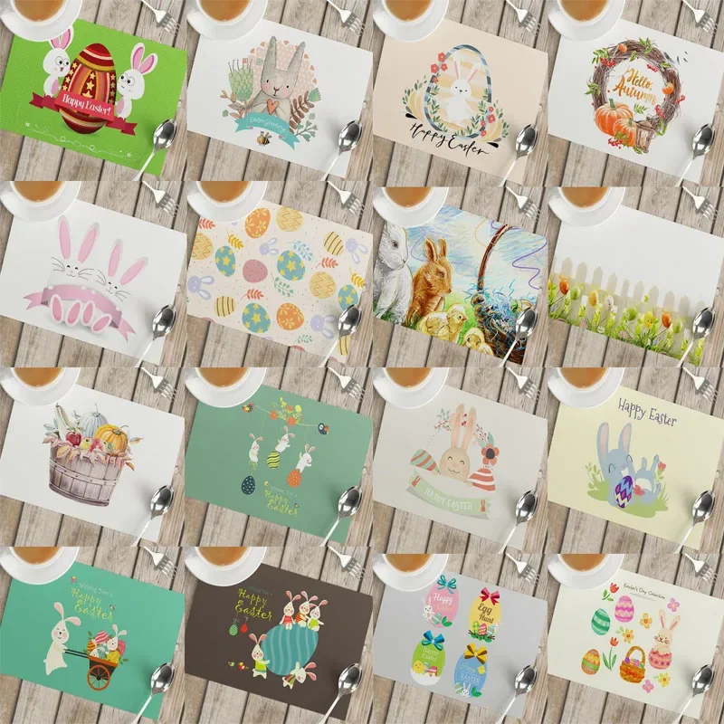 Coffee Tea Place - 漫画のイースターバニーの卵柄プリントテーブルマット、プレースマット、プレースマットパッド、布製プレースマット、カップ、皿、コーヒー、紅茶コースター、キッチン、ダイニングテーブルデコレーション