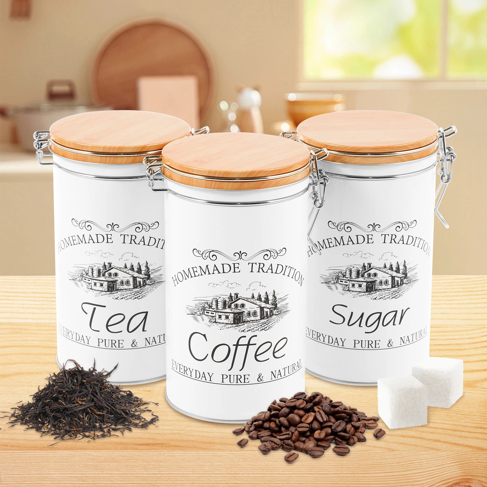 Coffee Tea Sugar Canisters - 3個セット 茶葉・コーヒー・砂糖用キャニスター 金属製コーヒー豆保存容器 多用途茶葉・コーヒー・砂糖容器 キッチン食品用品