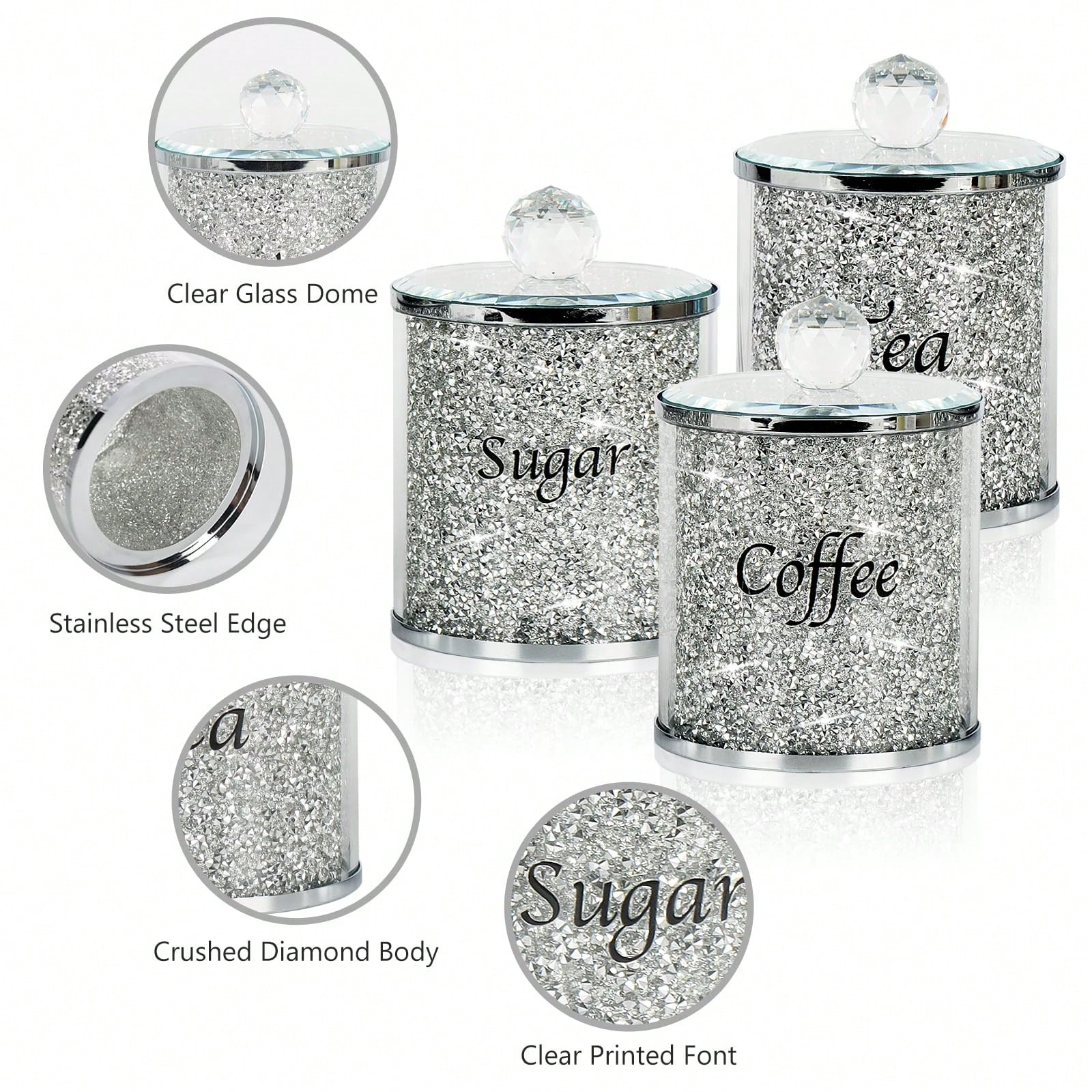 Coffee Tea Sugar Canisters - コーヒー、砂糖、紅茶用キャニスターセット、キラキラ輝くクラッシュダイヤモンドキッチン収納容器セット、4個のシルバーガラスジャー（蓋付き）、鏡面トレイ付き、キッチンカウンター、コーヒーバー、ダイニングルーム、家の装飾、新築祝いギフト