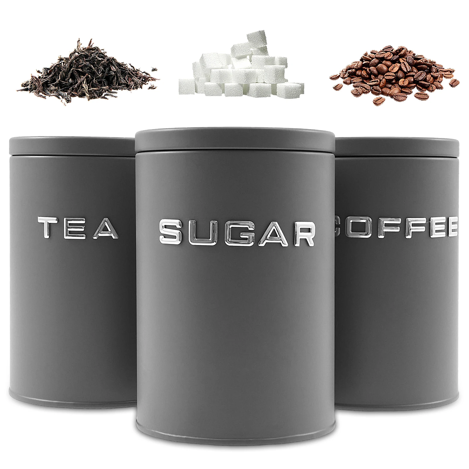 Coffee Tea Sugar Canisters - 3個セット 茶葉・コーヒー・砂糖用キャニスター 金属製丸型キッチン容器 密閉蓋付き 防湿 コーヒー豆保存容器