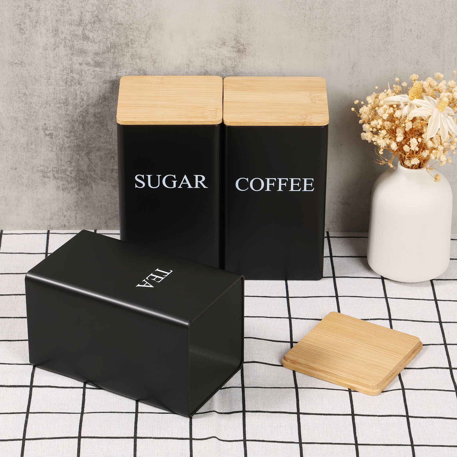 Coffee Tea Sugar Canisters - コーヒー豆保存瓶金属コーヒー紅茶砂糖容器シンプルなスタイルの密閉保管竹蓋付き茶缶キッチン用品