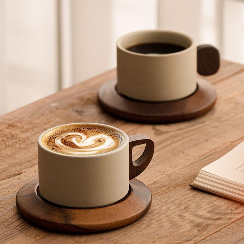 Coffee Tea Or - セラミックコーヒーマグクルミ木製ハンドル飲料カップ紅茶やエスプレッソ箸置き家庭用またはオフィス用 B03E