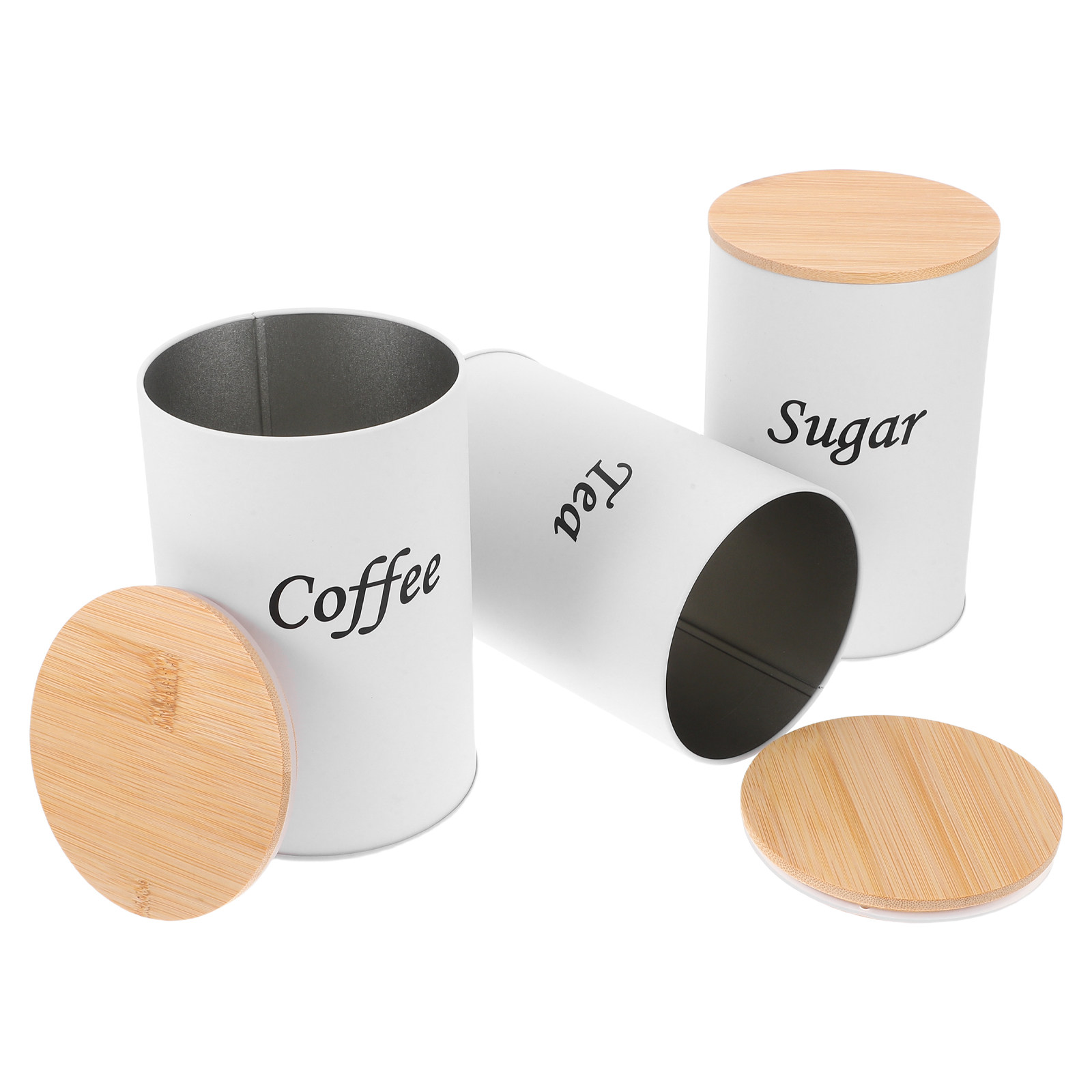 3個セット 密閉丸型キャニスター 亜鉛メッキ鉄製 竹製蓋付き - Coffee Tea Sugar Canisters のレビューと価格