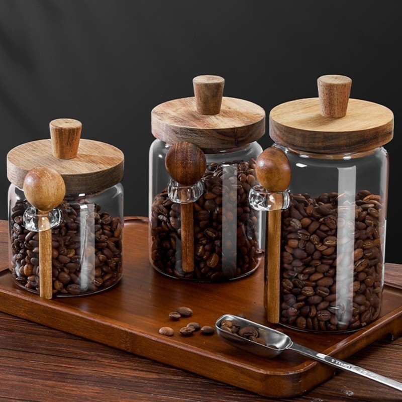 ABJIガラスジャー 木製蓋とスプーン付き 13オンス、20 - Coffee Tea Sugar Canisters のレビューと価格