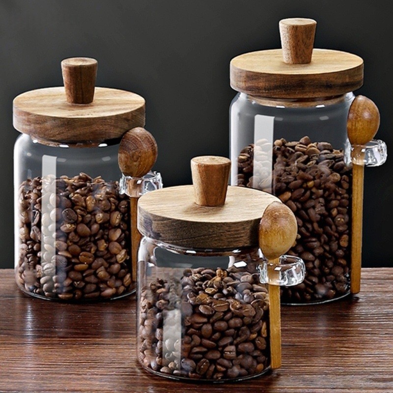 ABJIガラスジャー 木製蓋とスプーン付き 13オンス、20 - Coffee Tea Sugar Canisters のレビューと価格