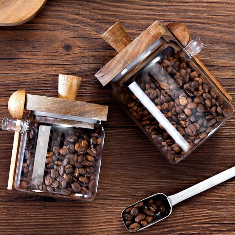 ABJIガラスジャー 木製蓋とスプーン付き 13オンス、20 - Coffee Tea Sugar Canisters のレビューと価格