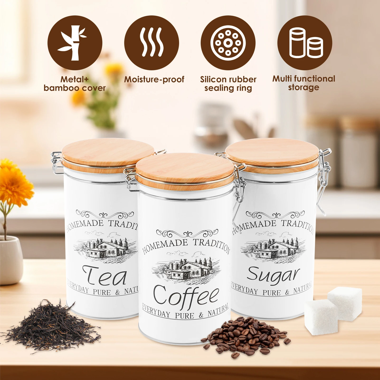 3個セット 茶葉・コーヒー・砂糖用キャニスター 金属製コーヒ - Coffee Tea Sugar Canisters のレビューと価格