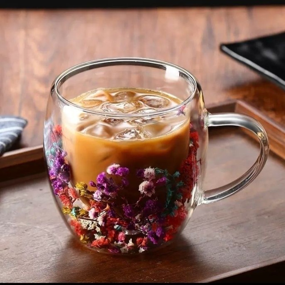 250ml 二重壁ガラス製マグカップ、ドライフラワー入り、耐 - Coffee Tea Or のレビューと価格
