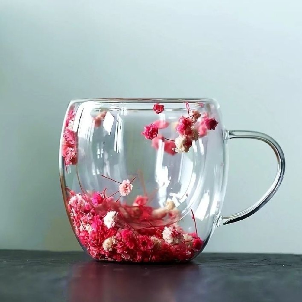 250ml 二重壁ガラス製マグカップ、ドライフラワー入り、耐 - Coffee Tea Or のレビューと価格