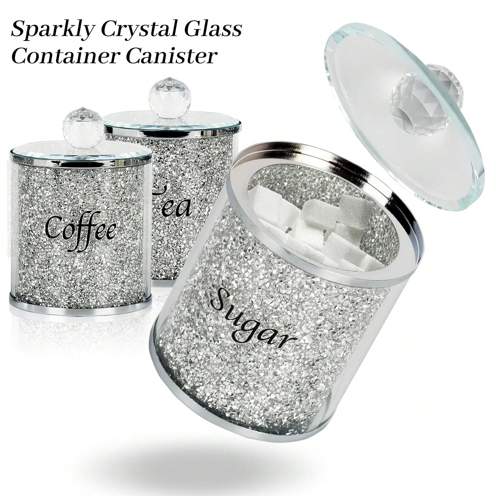 コーヒー、砂糖、紅茶用キャニスターセット、キラキラ輝くクラッ - Coffee Tea Sugar Canisters のレビューと価格