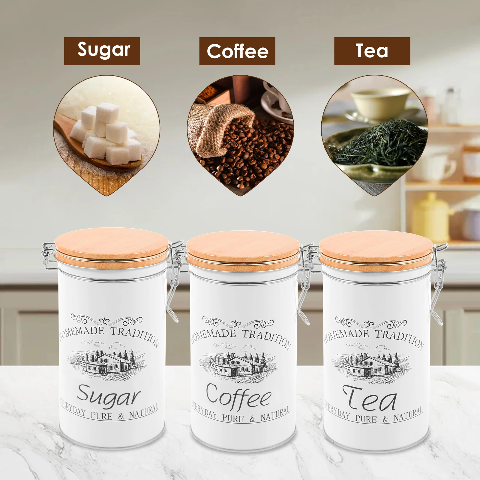 3 ピース/セット茶コーヒー砂糖キャニスター金属コーヒー豆保 - Coffee Tea Sugar Canisters のレビューと価格
