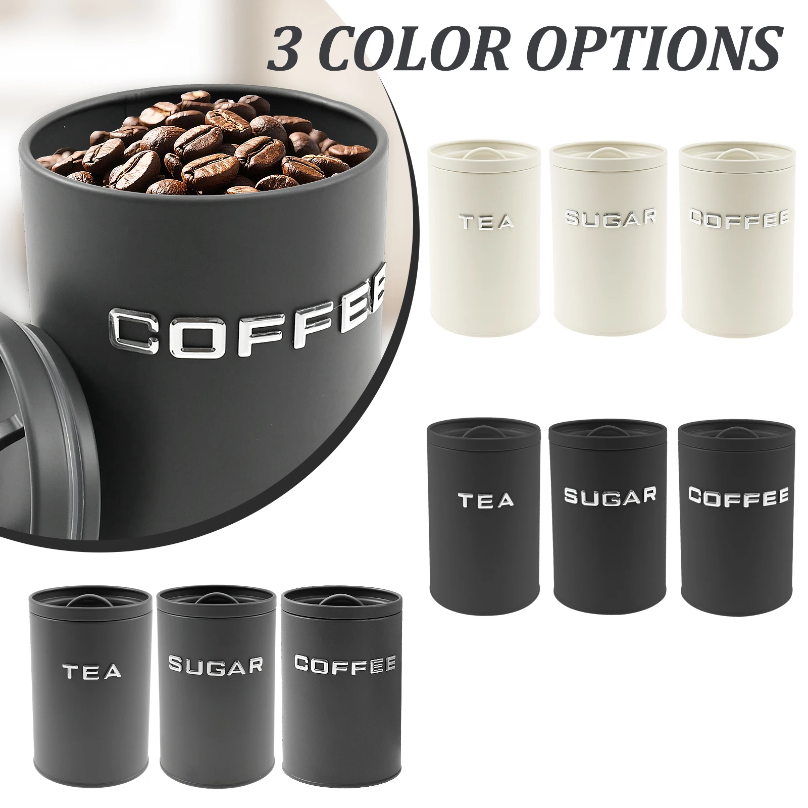 3個セット 茶葉・コーヒー・砂糖用キャニスター 金属製丸型キ - Coffee Tea Sugar Canisters のレビューと価格